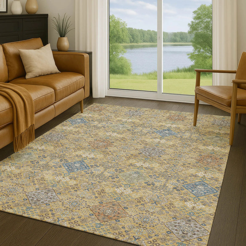 9' X 12' Gold And Copper Oriental Washable Indoor Outdoor Area Rug Homeroots Outdoor