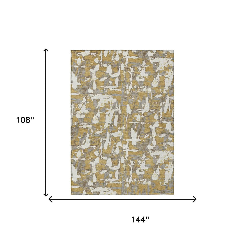 9' X 12' Gold And Ivory Abstract Washable Indoor Outdoor Area Rug Homeroots Outdoor
