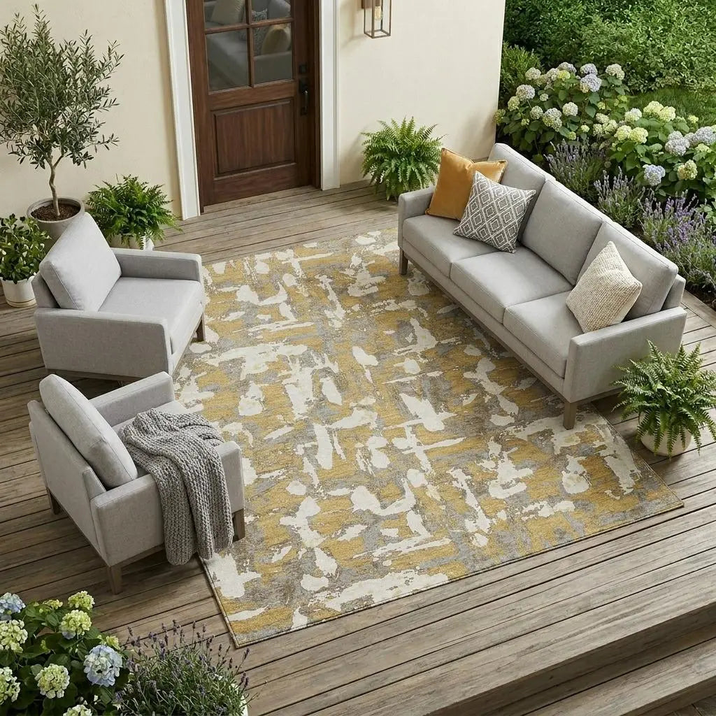 9' X 12' Gold And Ivory Abstract Washable Indoor Outdoor Area Rug Homeroots Outdoor