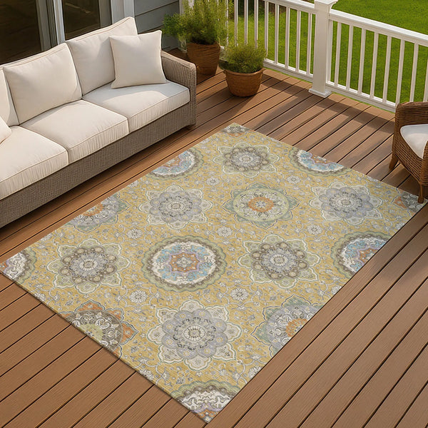 9' X 12' Gold And Ivory Floral Medallion Washable Indoor Outdoor Area Rug Homeroots Outdoor