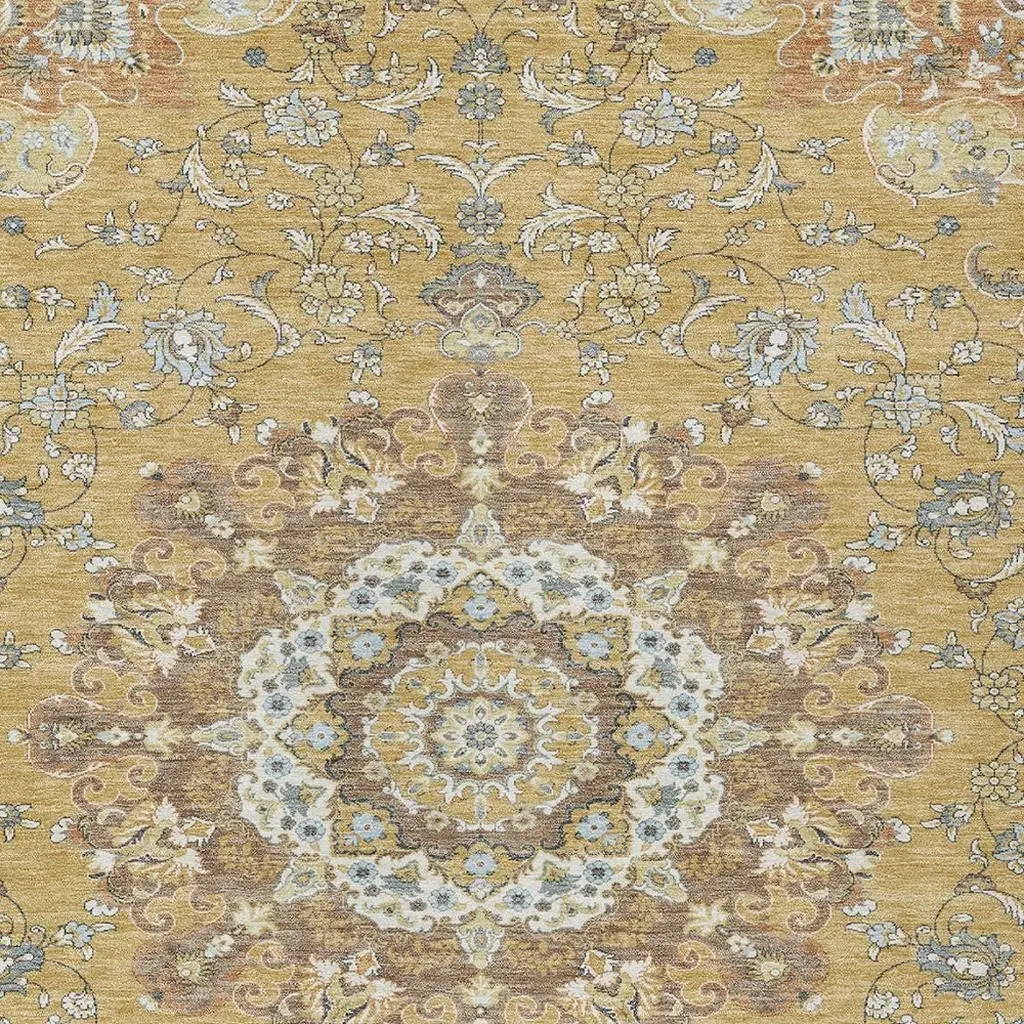 9' X 12' Gold And Ivory Floral Medallion Washable Indoor Outdoor Area Rug Homeroots Outdoor