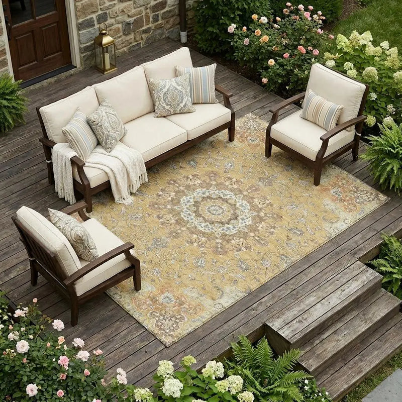 9' X 12' Gold And Ivory Floral Medallion Washable Indoor Outdoor Area Rug Homeroots Outdoor
