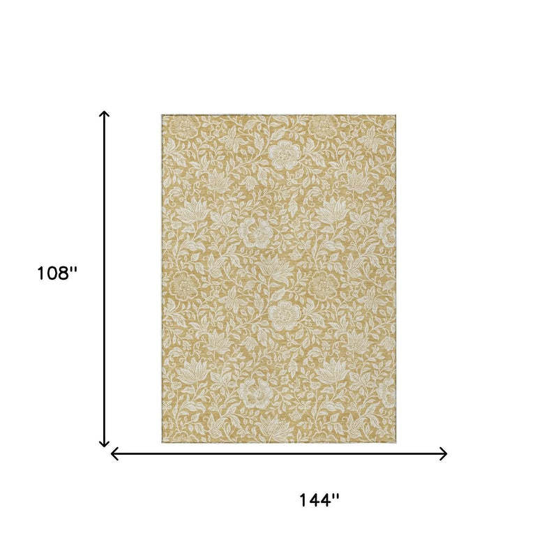 9' X 12' Gold And Ivory Floral Washable Indoor Outdoor Area Rug Homeroots Outdoor