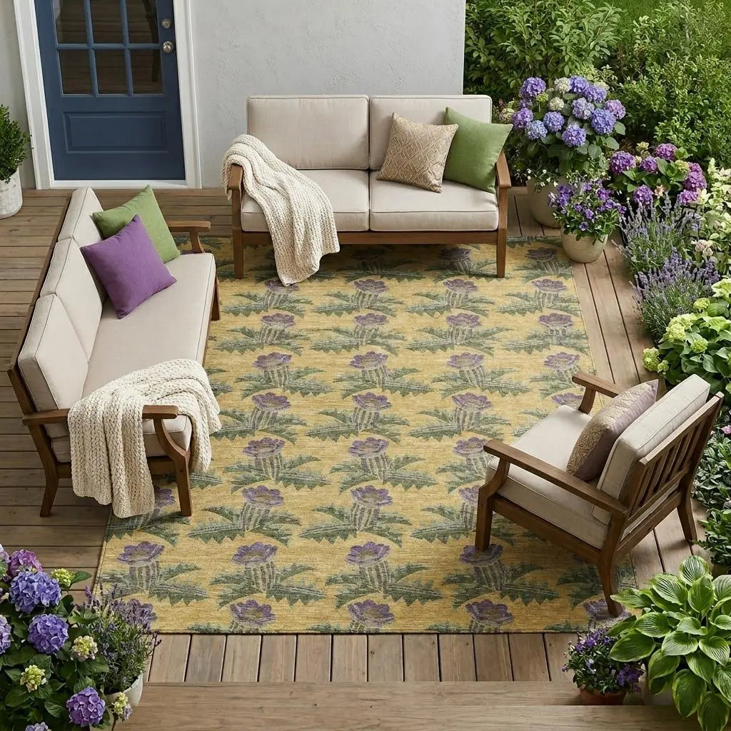 9' X 12' Gold And Khaki Floral Washable Indoor Outdoor Area Rug Homeroots Outdoor
