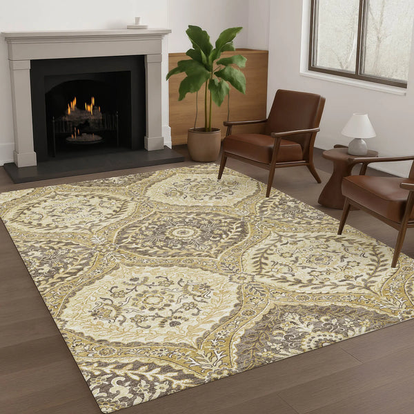 9' X 12' Gold And Khaki Ogee Washable Indoor Outdoor Area Rug Homeroots Outdoor