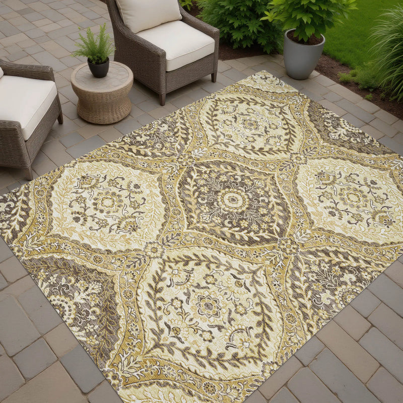 9' X 12' Gold And Khaki Ogee Washable Indoor Outdoor Area Rug Homeroots Outdoor