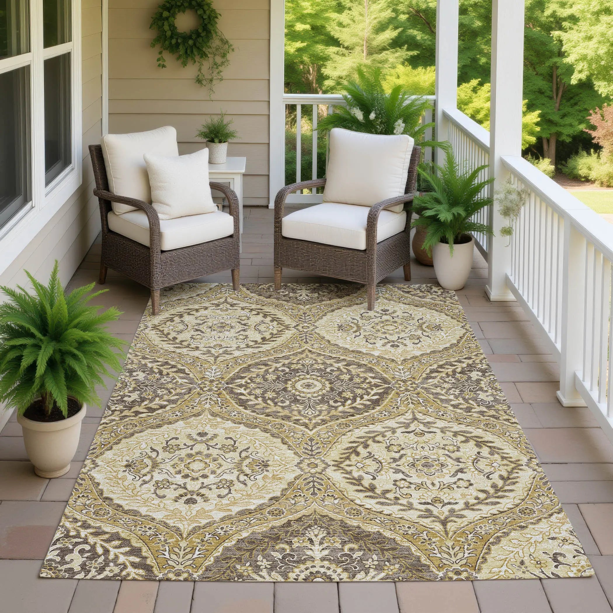 9' X 12' Gold And Khaki Ogee Washable Indoor Outdoor Area Rug Homeroots Outdoor