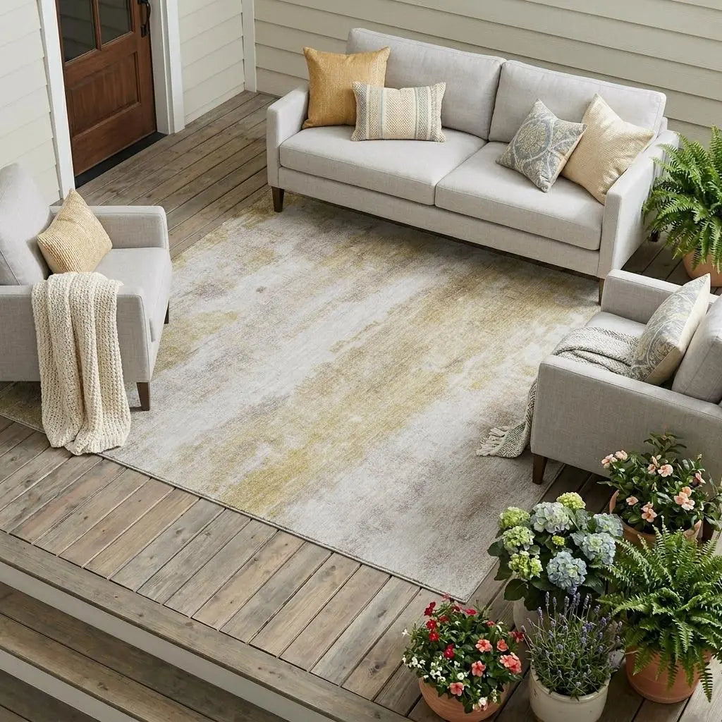9' X 12' Gold And Linen Abstract Washable Indoor Outdoor Area Rug Homeroots Outdoor