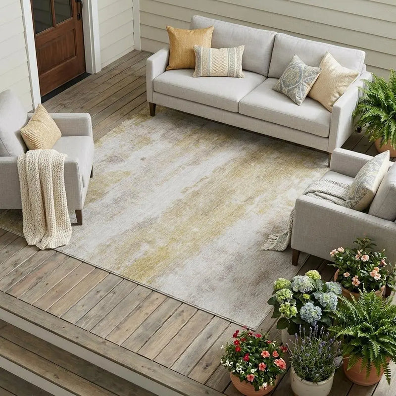 9' X 12' Gold And Linen Abstract Washable Indoor Outdoor Area Rug Homeroots Outdoor
