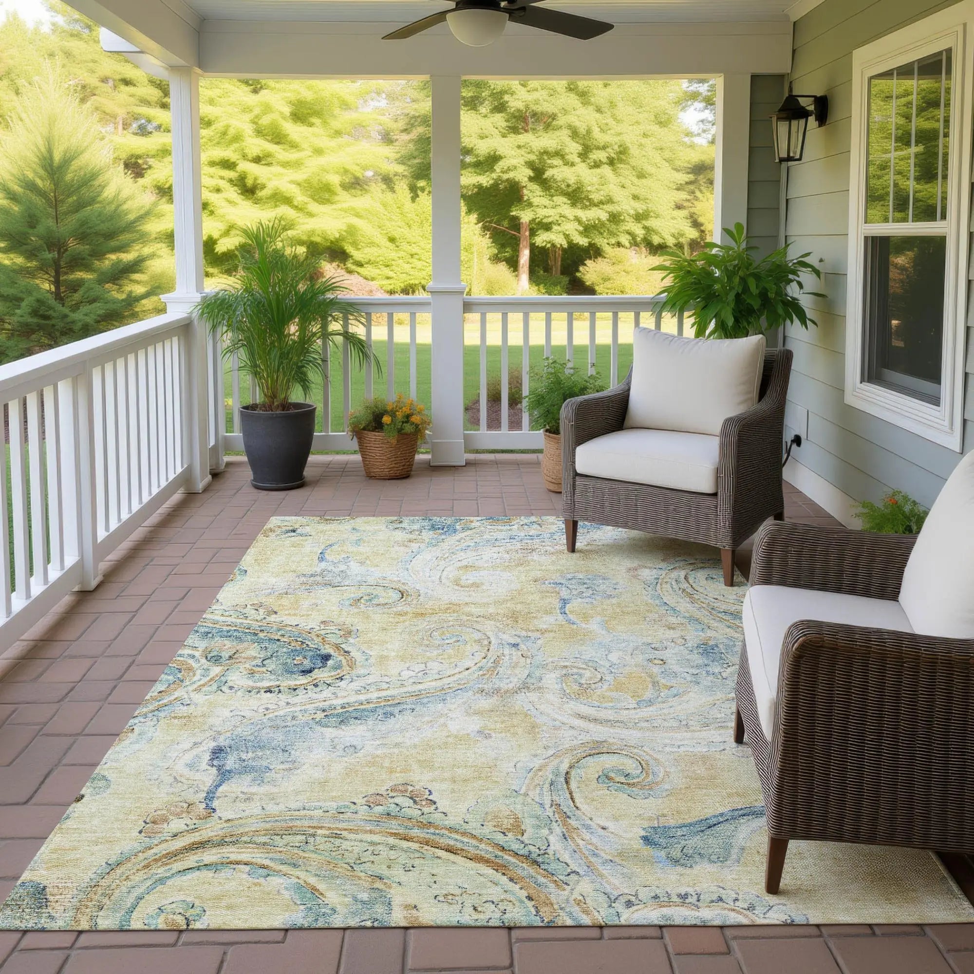 9' X 12' Gold And Mint Green Paisley Washable Indoor Outdoor Area Rug Homeroots Outdoor