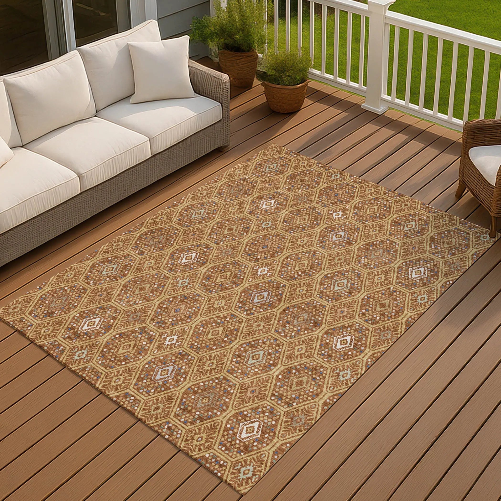 9' X 12' Gold And Orange Geometric Washable Indoor Outdoor Area Rug Homeroots Outdoor