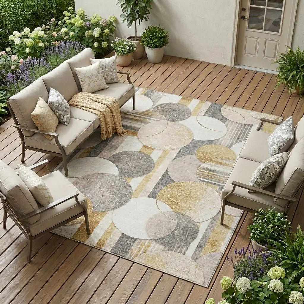 9' X 12' Gold And Pewter Geometric Washable Indoor Outdoor Area Rug Homeroots Outdoor
