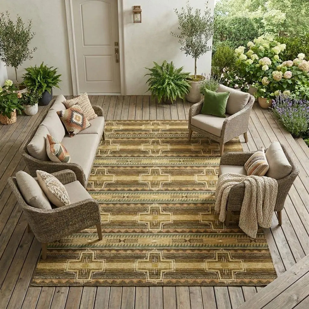 9' X 12' Gold And Red Tribal Washable Indoor Outdoor Area Rug Homeroots Outdoor