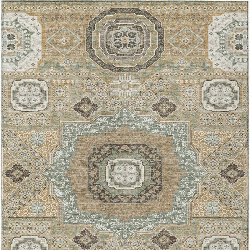 9' X 12' Gold And Sage Oriental Washable Indoor Outdoor Area Rug Homeroots Outdoor