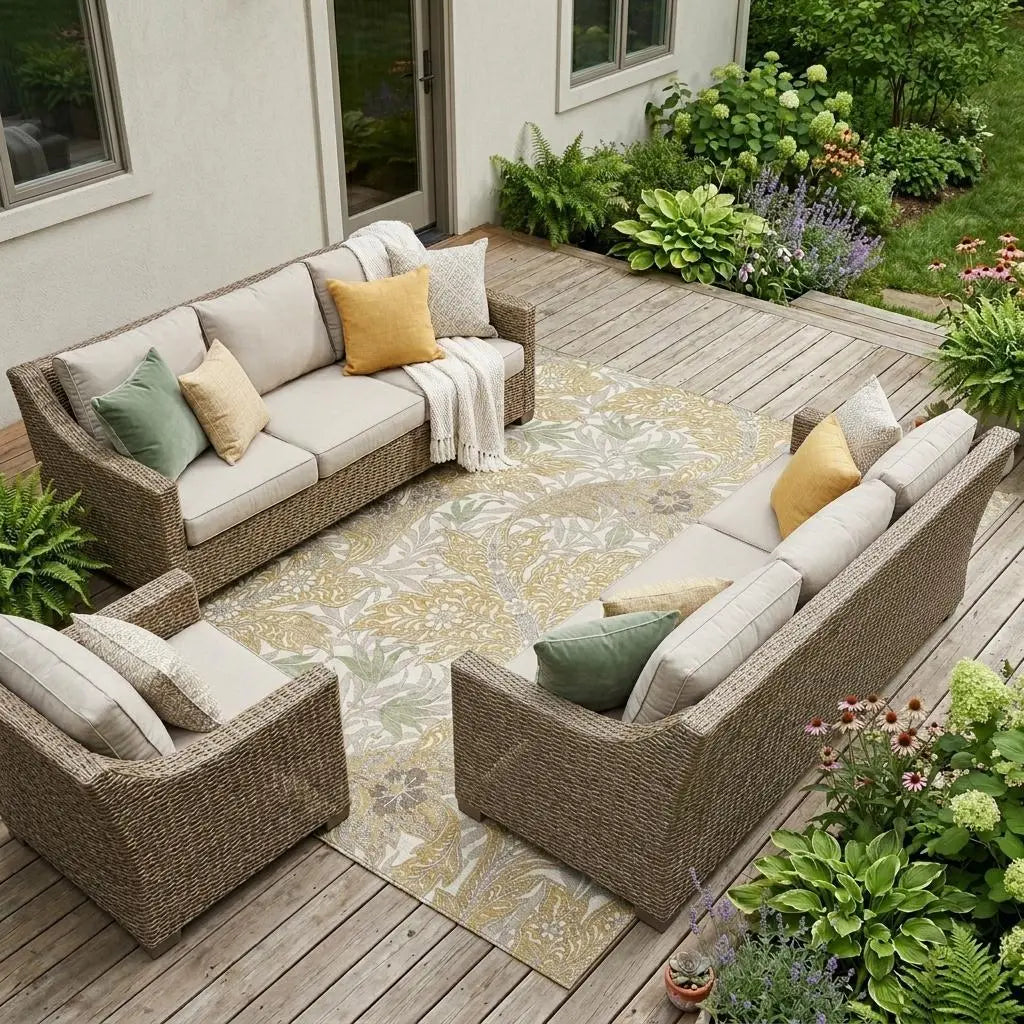 9' X 12' Gold And Silver Botanical Leaves Washable Indoor Outdoor Area Rug Homeroots Outdoor