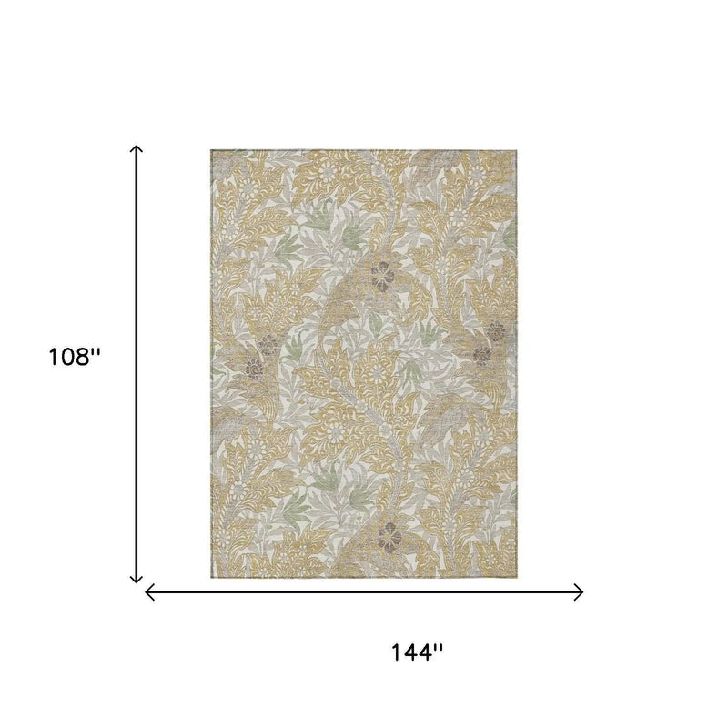 9' X 12' Gold And Silver Botanical Leaves Washable Indoor Outdoor Area Rug Homeroots Outdoor