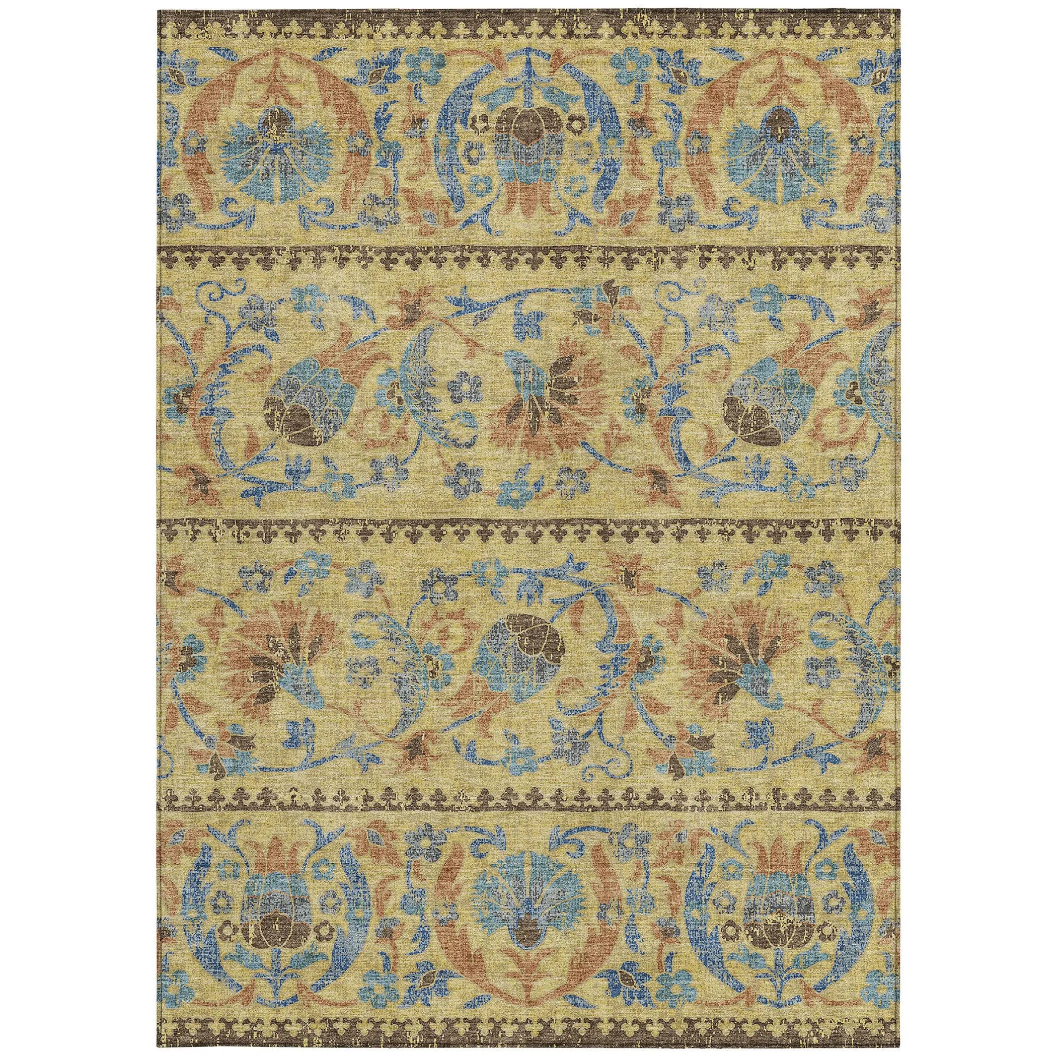 9' X 12' Gold And Teal Blue Floral Washable Indoor Outdoor Area Rug Homeroots Outdoor