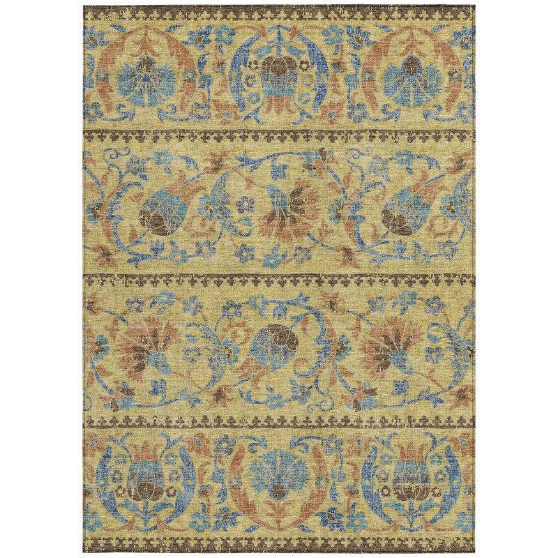 9' X 12' Gold And Teal Blue Floral Washable Indoor Outdoor Area Rug Homeroots Outdoor