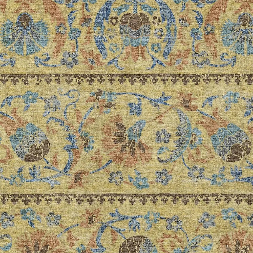 9' X 12' Gold And Teal Blue Floral Washable Indoor Outdoor Area Rug Homeroots Outdoor