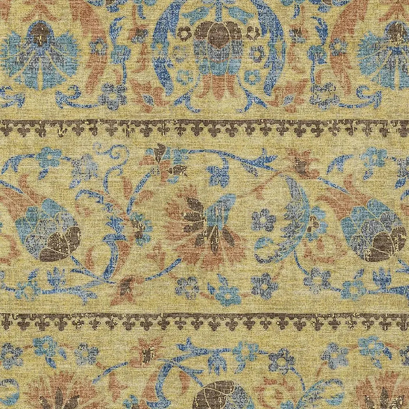 9' X 12' Gold And Teal Blue Floral Washable Indoor Outdoor Area Rug Homeroots Outdoor