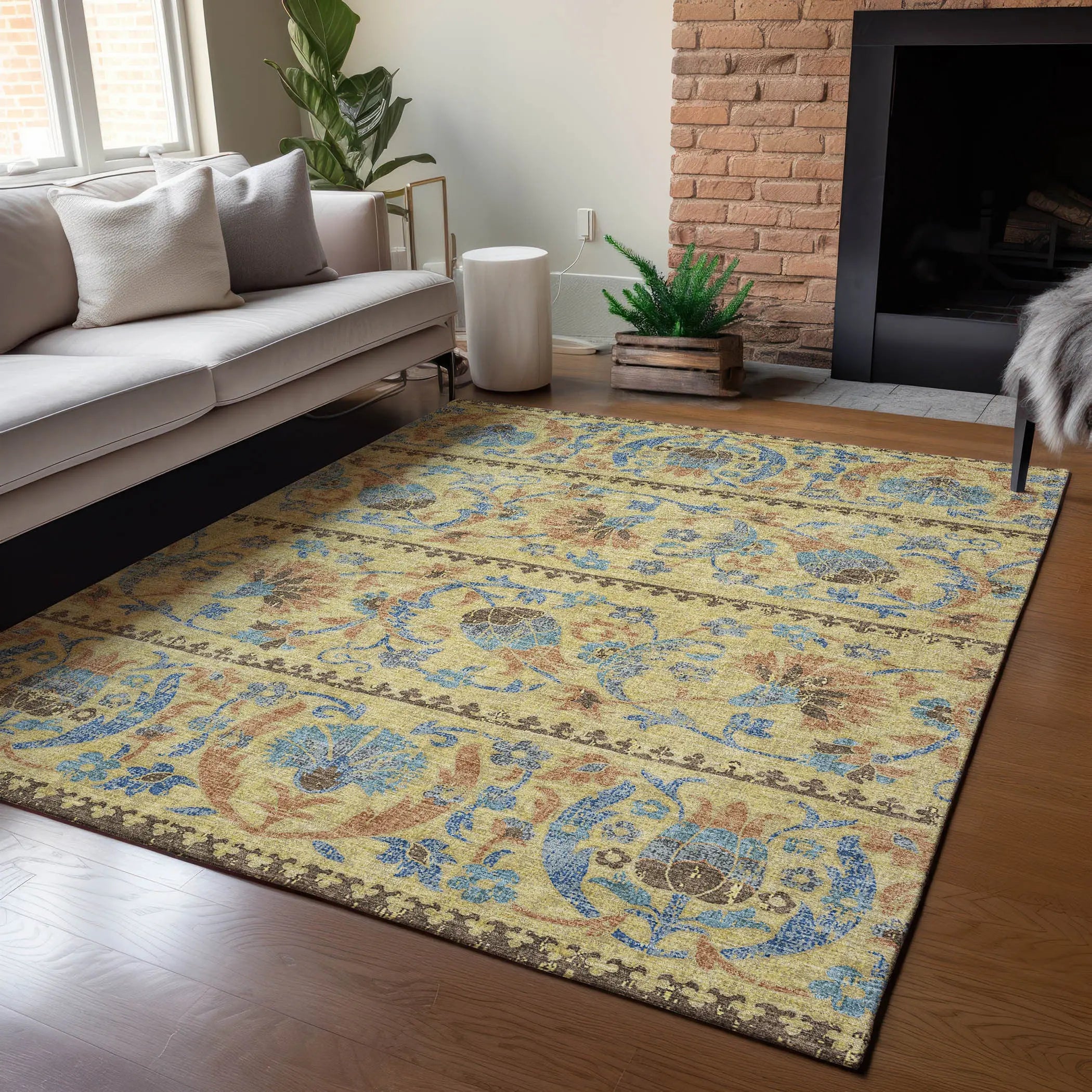 9' X 12' Gold And Teal Blue Floral Washable Indoor Outdoor Area Rug Homeroots Outdoor