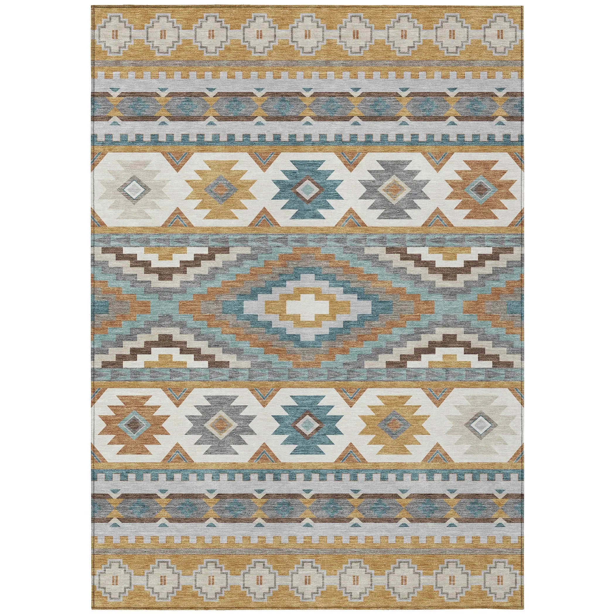 9' X 12' Gold And Teal Blue Southwestern Washable Indoor Outdoor Area Rug Homeroots Outdoor