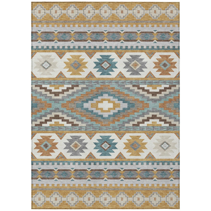 9' X 12' Gold And Teal Blue Southwestern Washable Indoor Outdoor Area Rug Homeroots Outdoor