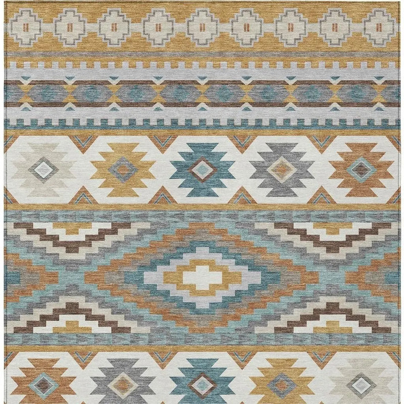 9' X 12' Gold And Teal Blue Southwestern Washable Indoor Outdoor Area Rug Homeroots Outdoor