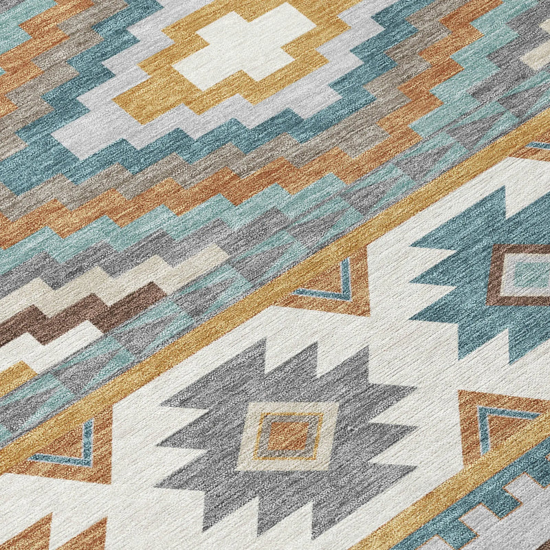 9' X 12' Gold And Teal Blue Southwestern Washable Indoor Outdoor Area Rug Homeroots Outdoor
