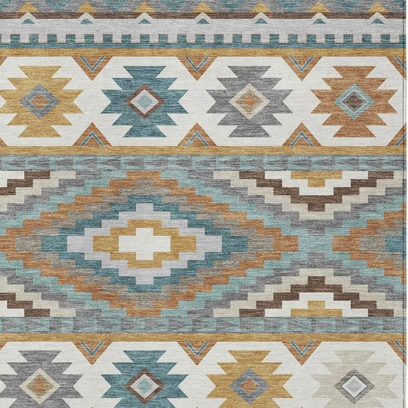 9' X 12' Gold And Teal Blue Southwestern Washable Indoor Outdoor Area Rug Homeroots Outdoor