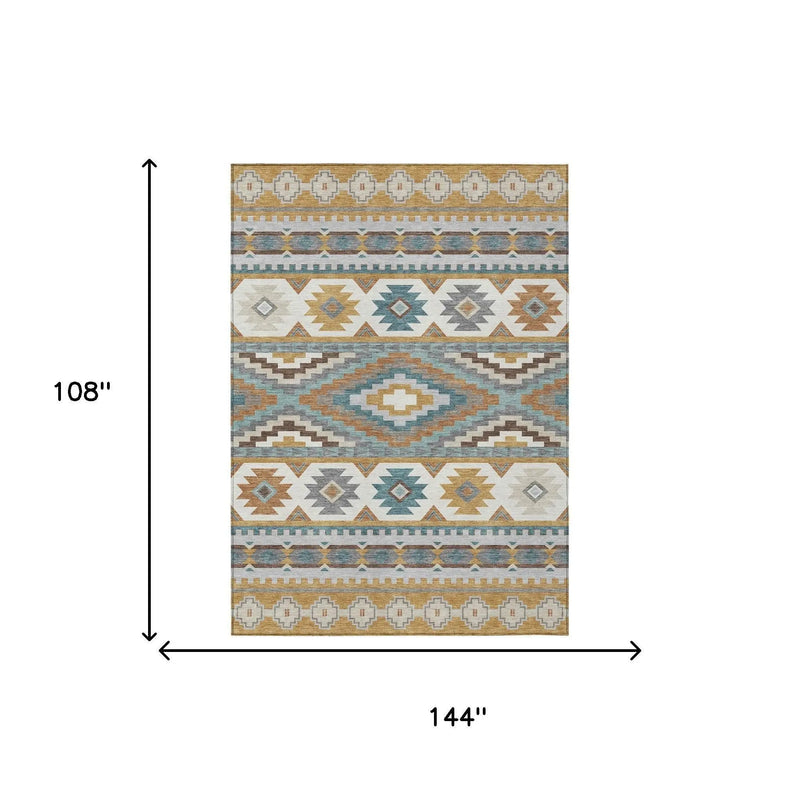 9' X 12' Gold And Teal Blue Southwestern Washable Indoor Outdoor Area Rug Homeroots Outdoor