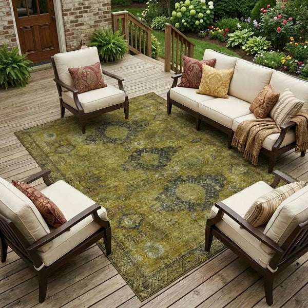 9' X 12' Gold And Walnut Oriental Washable Indoor Outdoor Area Rug Homeroots Outdoor