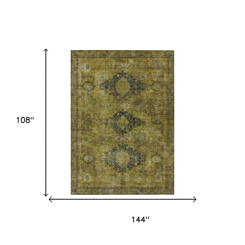 9' X 12' Gold And Walnut Oriental Washable Indoor Outdoor Area Rug Homeroots Outdoor