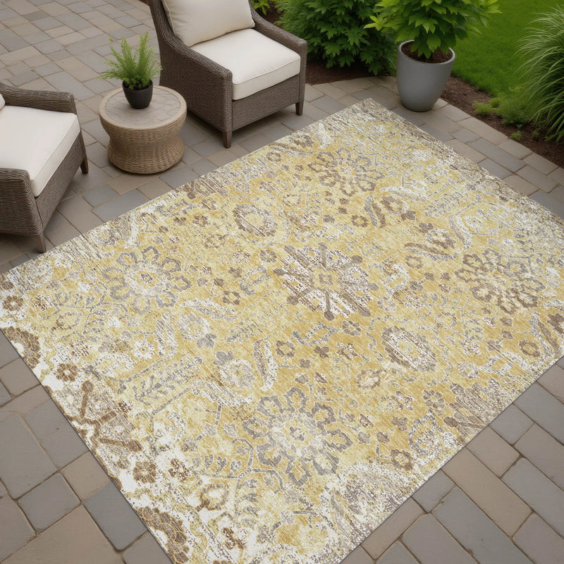9' X 12' Gold And Wheat Damask Washable Indoor Outdoor Area Rug Homeroots Outdoor