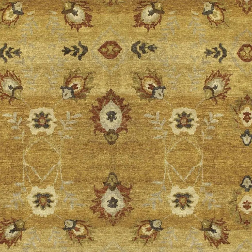 9' X 12' Gold Tan And Red Wool Floral Hand Knotted Area Rug Homeroots Home Decor