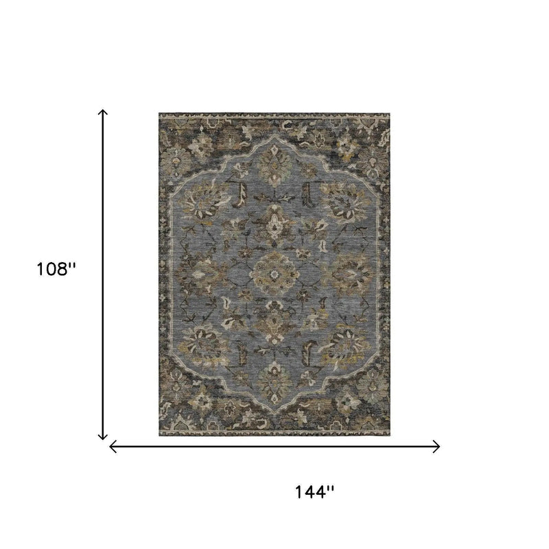 9' X 12' Graphite And Gray Floral Medallion Washable Indoor Outdoor Area Rug Homeroots Outdoor
