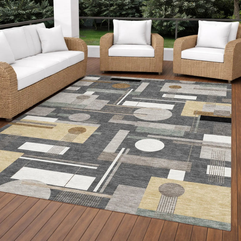 9' X 12' Graphite And Gray Geometric Washable Indoor Outdoor Area Rug Homeroots Outdoor