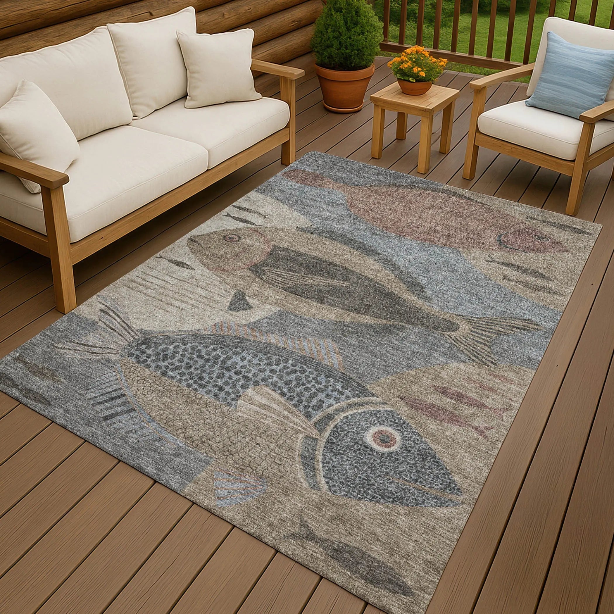 9' X 12' Gray And Beige Tropical Fish Washable Indoor Outdoor Area Rug Homeroots Outdoor