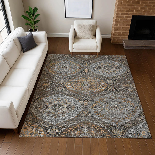9' X 12' Gray And Brown Ogee Washable Indoor Outdoor Area Rug Homeroots Outdoor