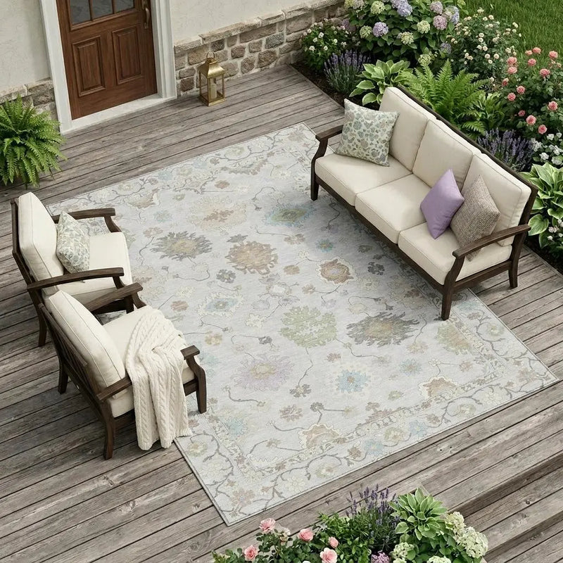 9' X 12' Gray And Gold Oriental Washable Indoor Outdoor Area Rug Homeroots Outdoor