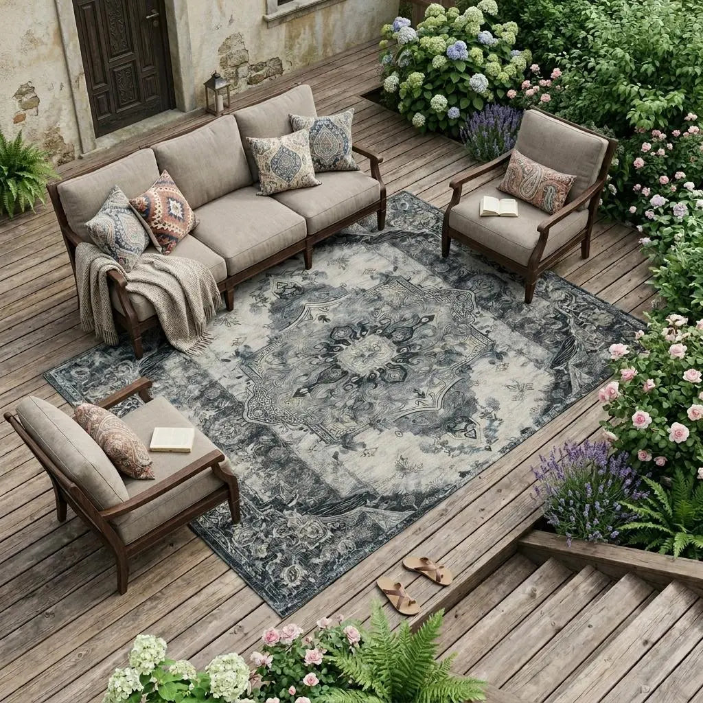 9' X 12' Gray And Graphite Floral Medallion Washable Indoor Outdoor Area Rug Homeroots Outdoor