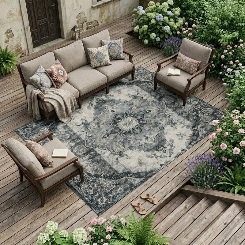 9' X 12' Gray And Graphite Floral Medallion Washable Indoor Outdoor Area Rug Homeroots Outdoor