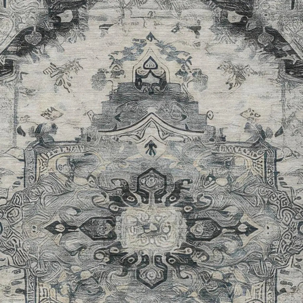 9' X 12' Gray And Graphite Floral Medallion Washable Indoor Outdoor Area Rug Homeroots Outdoor
