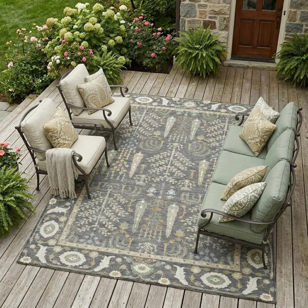 9' X 12' Gray And Graphite Oriental Washable Indoor Outdoor Area Rug Homeroots Outdoor