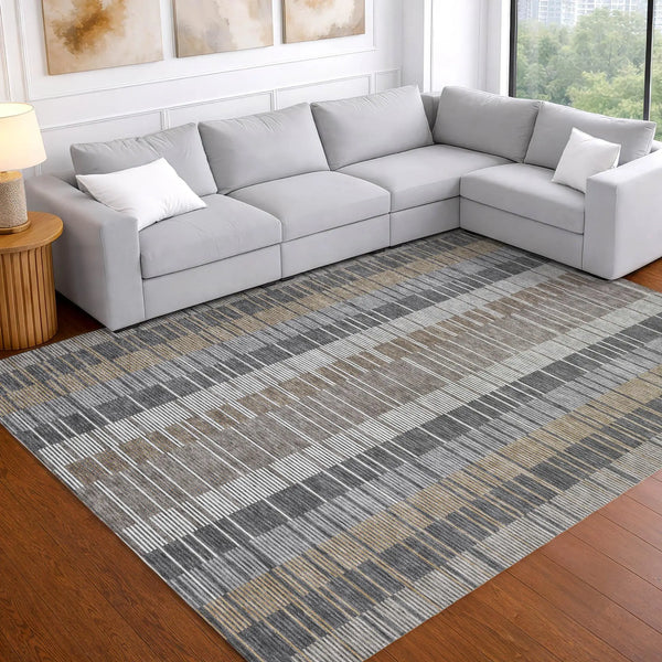 9' X 12' Gray And Graphite Striped Washable Indoor Outdoor Area Rug Homeroots Outdoor