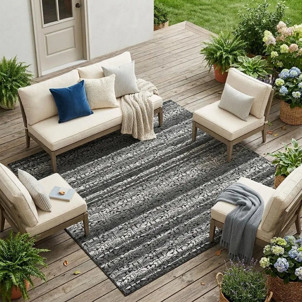 9' X 12' Gray And Graphite Striped Washable Indoor Outdoor Area Rug Homeroots Outdoor