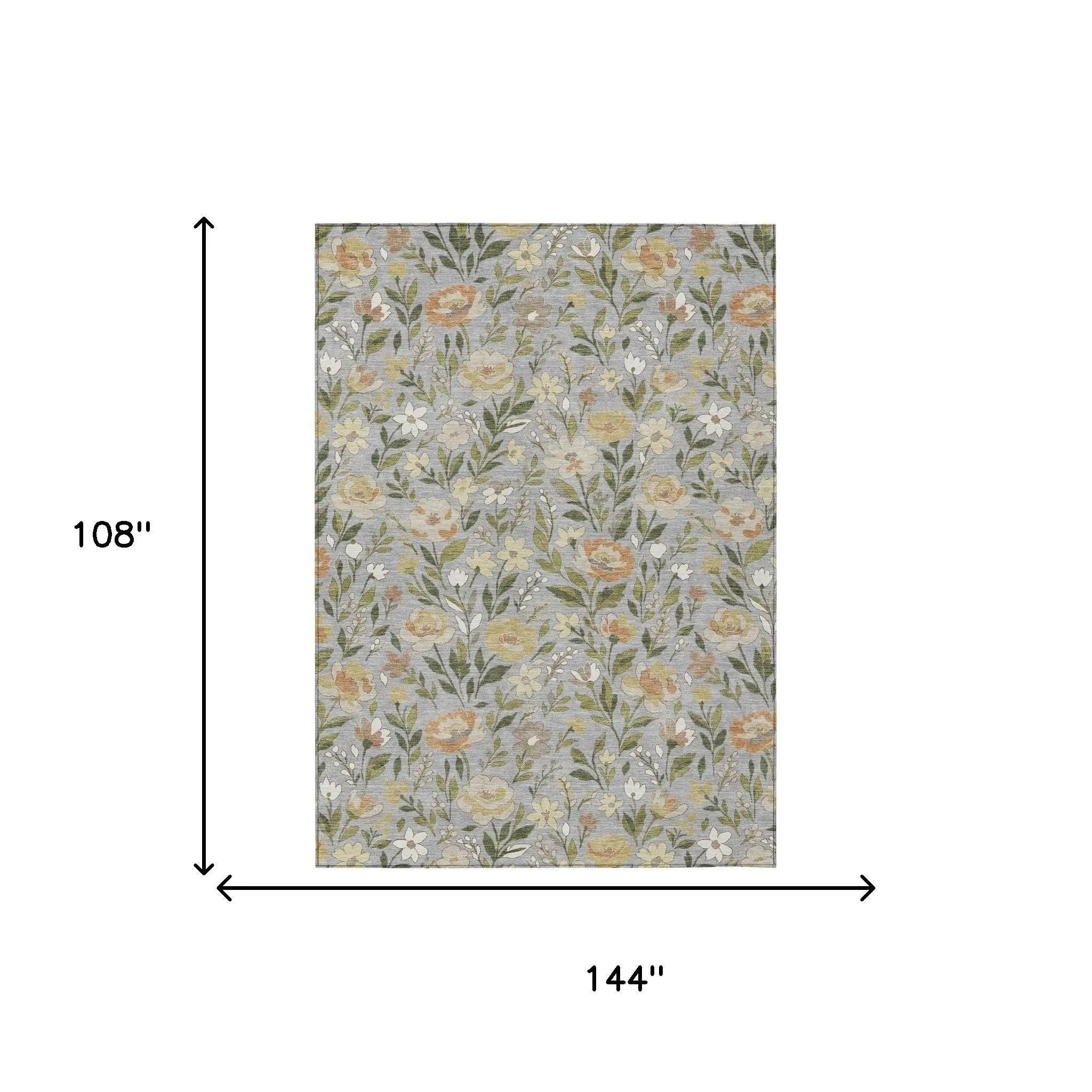 Floral patterned area rug, gray background, featuring soft orange, yellow, and green hues. Dimensions 144" x 108".