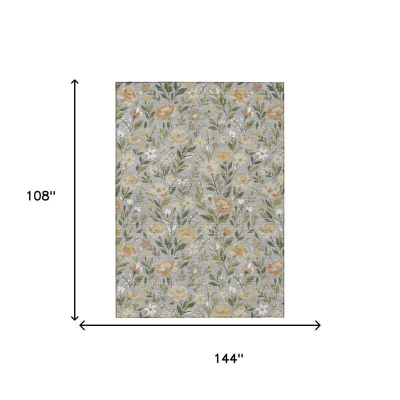 Floral patterned area rug, gray background, featuring soft orange, yellow, and green hues. Dimensions 144" x 108".