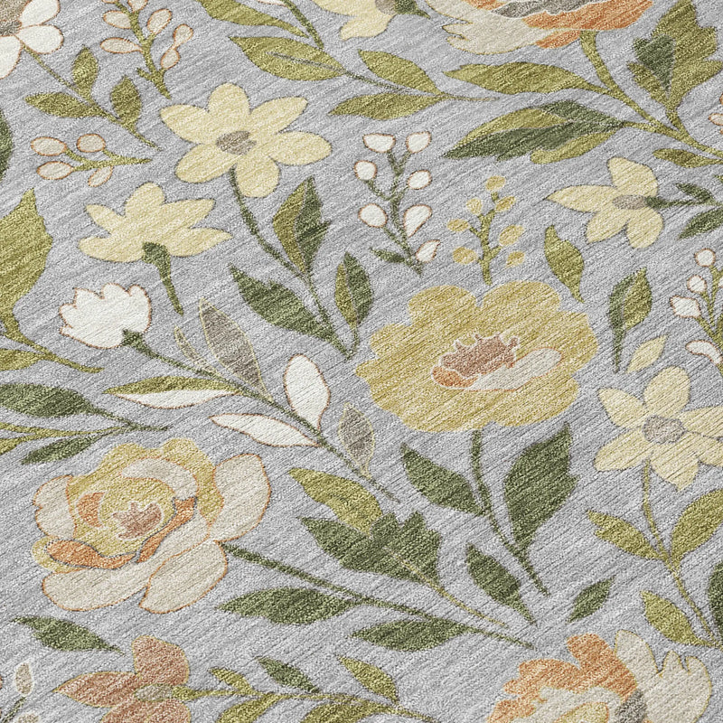 Floral area rug featuring yellow and green flowers on a gray background, perfect for modern home decor.