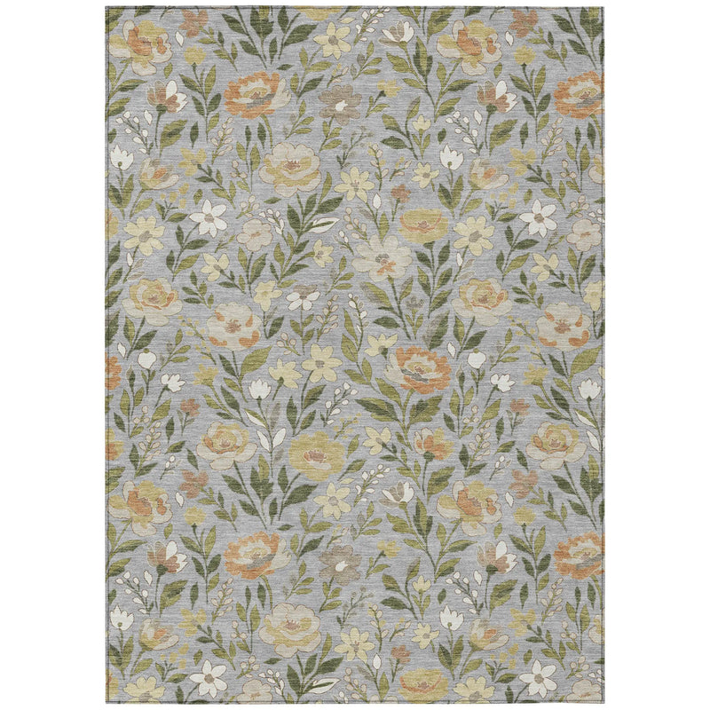 Light gray floral area rug featuring multicolored blossoms in orange, cream, and green, perfect for modern decor.